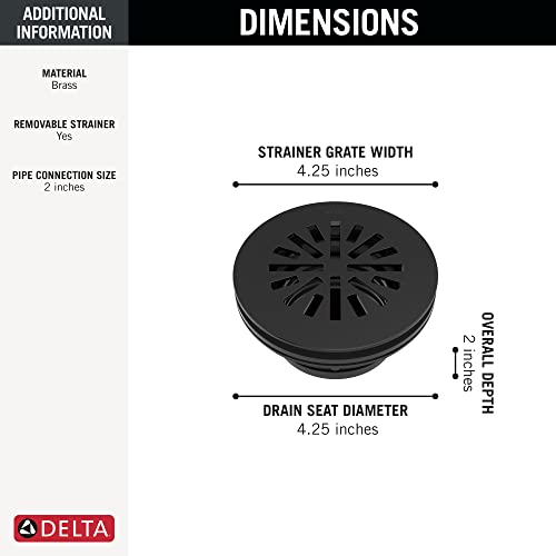 Matte black round shower drain with 4.25-inch grate and removable strainer, brass construction.