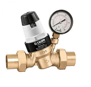 Brass pressure relief valve with 1/2" sweat connections, black and white adjustment cap, and attached round pressure gauge wi