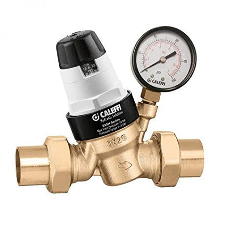 Brass pressure relief valve with 1/2" sweat connections, black and white adjustment cap, and attached round pressure gauge wi