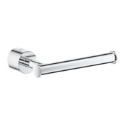 Chrome toilet paper holder with cylindrical mount and horizontal bar, no cover.