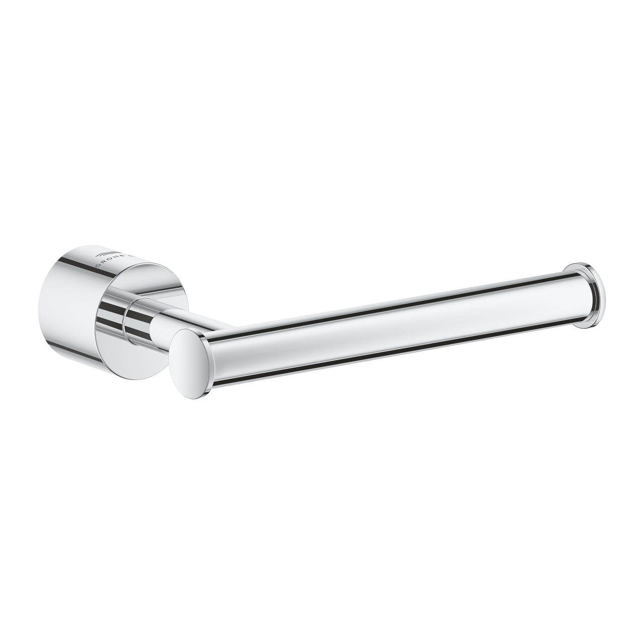 Chrome toilet paper holder with cylindrical mount and horizontal bar, no cover.
