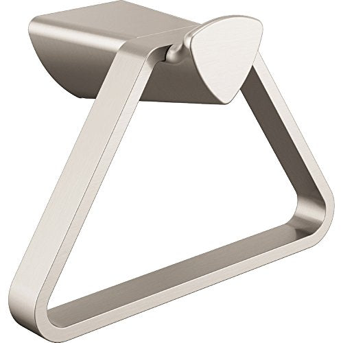 Brushed nickel triangular towel holder with curved handles and mounting bracket.