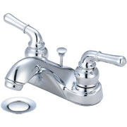 Chrome two-handle bathroom faucet with curved spout, pop-up drain stopper, and lever handles.