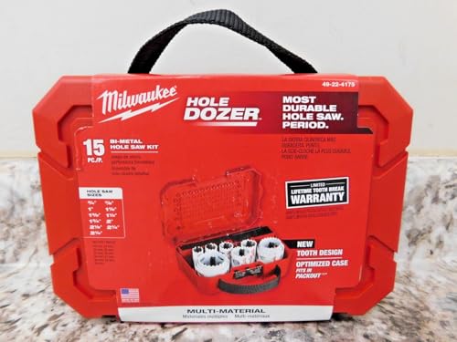 Red Milwaukee HOLE DOZER 15-piece hole saw kit in open carrying case with metal saw bits and accessories visible.