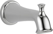 Chrome tub spout with pull-up diverter and wall-mounted escutcheon, featuring tapered spout design.