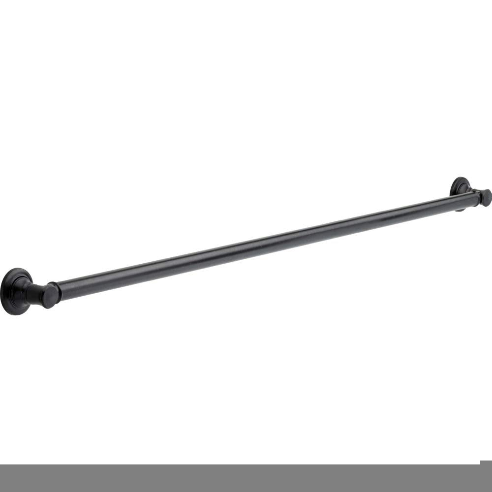 Chrome grab bar with decorative round wall mounts on each end, mounted horizontally.