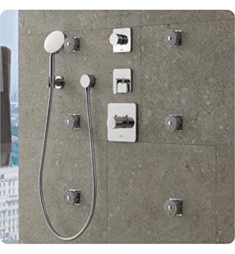 Chrome thermostatic shower trim with handheld wand, round controls, and multiple body jets mounted on gray tile wall.