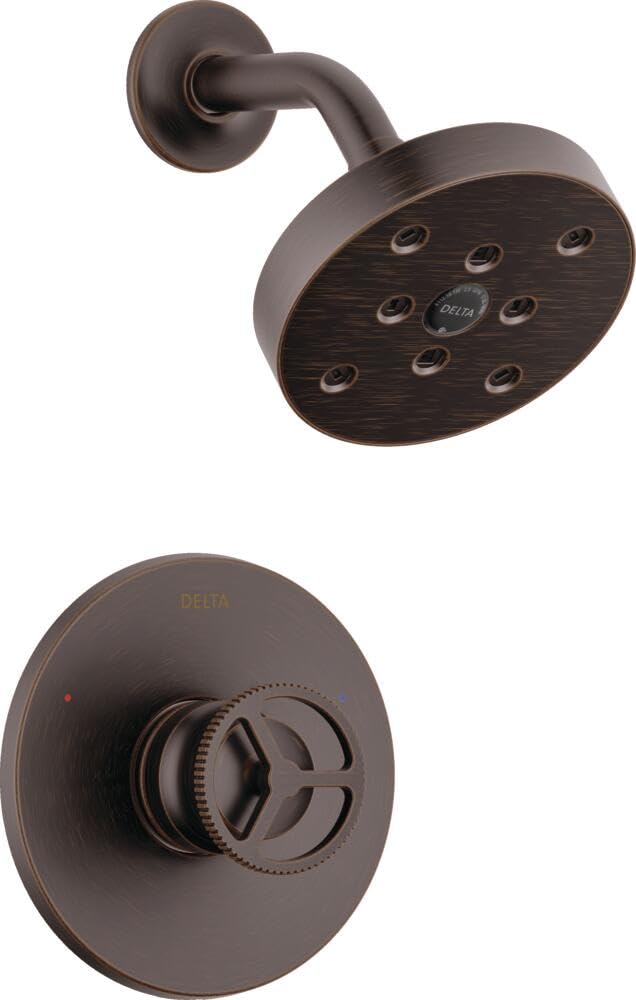 Bronze shower trim with round showerhead featuring multiple jets and matching circular valve trim plate with control handle.