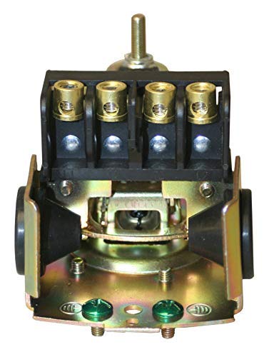 Heavy-duty pressure switch with brass terminals, black plastic housing, metal mounting base, and adjustment screw on top.