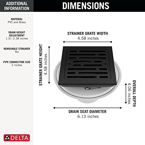 Matte black square shower drain with 4.58-inch grate and 6.13-inch seat diameter, shown from above with dimensions labeled.