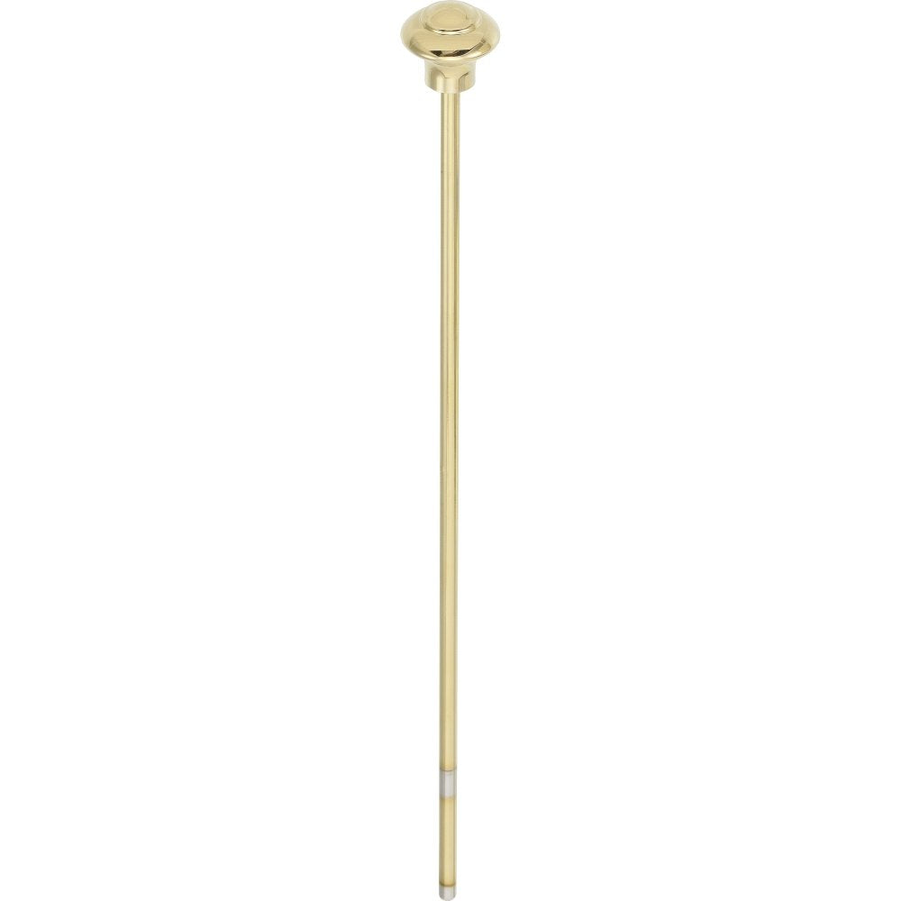 Polished brass lift rod with round knob top and threaded bottom fitting for bathroom sink.