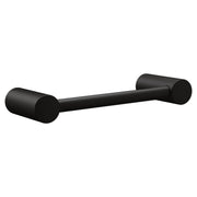 Black metal hand towel bar with cylindrical wall mounts on each end.