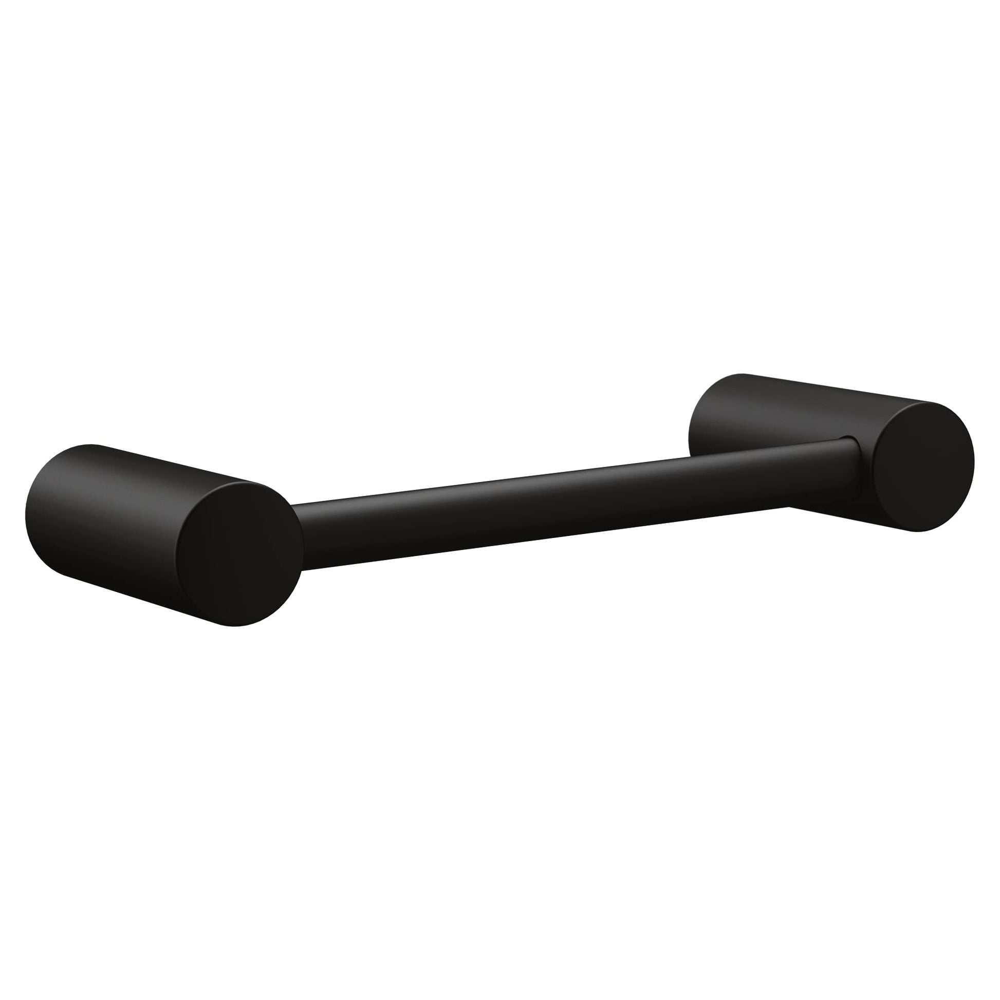 Black metal hand towel bar with cylindrical wall mounts on each end.