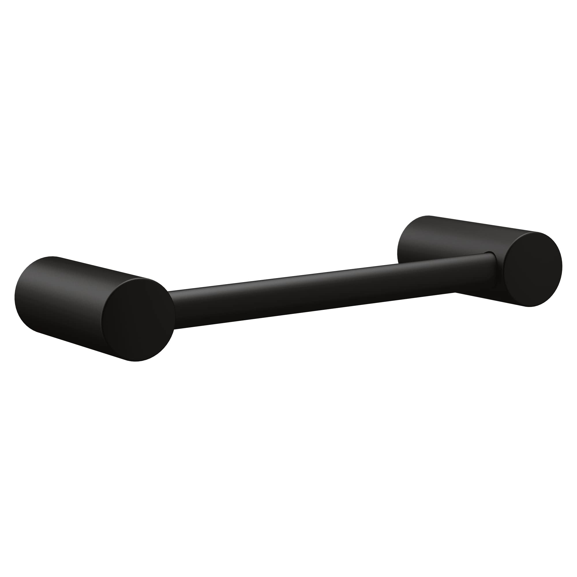 Black metal hand towel bar with cylindrical wall mounts on each end.
