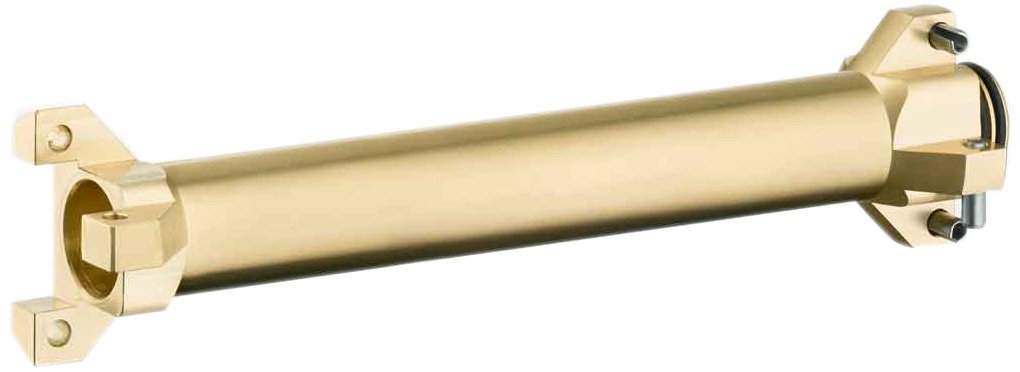 Brushed gold cylindrical shower shelf with square mounting brackets on each end and integrated connector port.