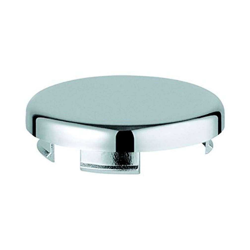 Chrome circular cover plate with domed top and mounting tabs underneath.