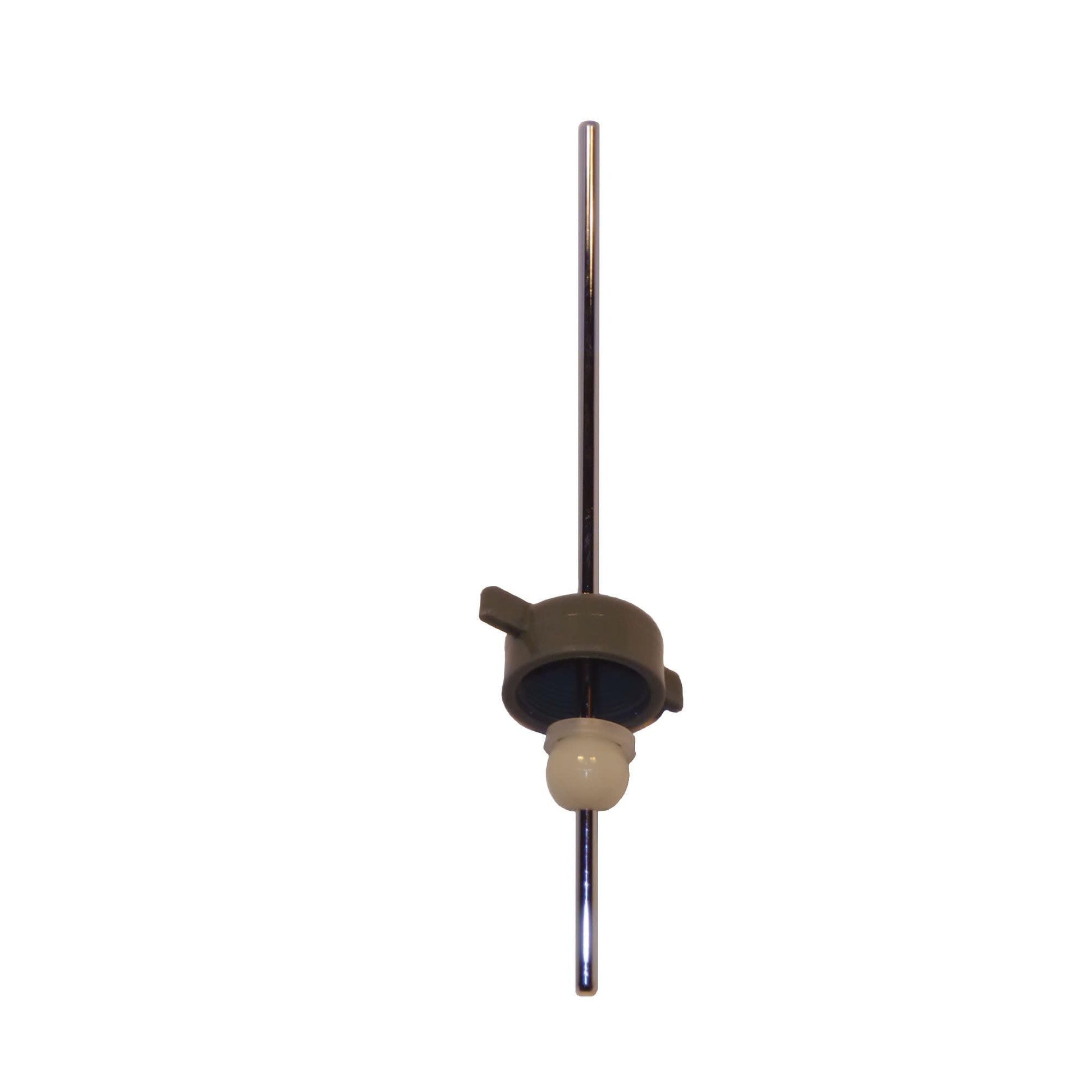 Metal pivot rod assembly with brown housing, dual outlet ports, and cream-colored center component.