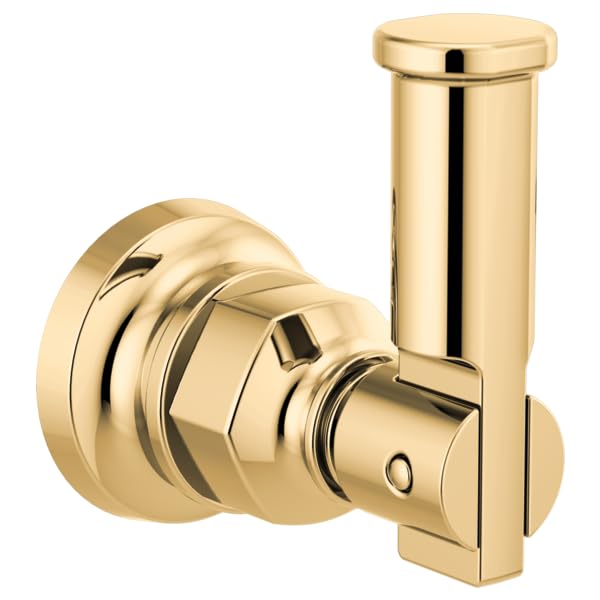 Polished brass robe hook with cylindrical vertical hook and round wall-mounted rosette plate.