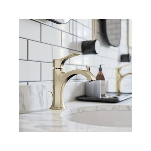 Brushed nickel single-hole bathroom faucet with curved spout and pop-up drain on marble countertop.