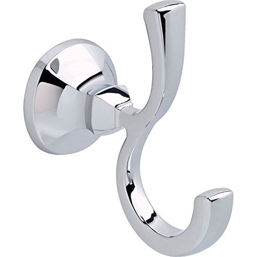 Chrome robe hook with dual curved hooks mounted on circular wall plate.