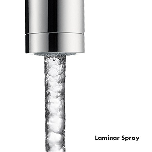 Chrome bar faucet with laminar spray water stream flowing downward.