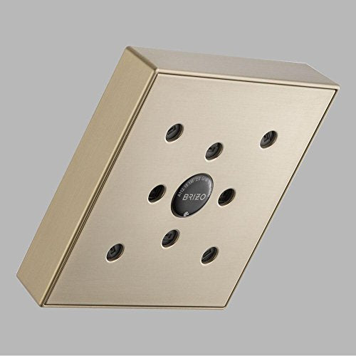 Square brushed nickel shower head with nine water jets arranged in a grid pattern around central Brizo logo.