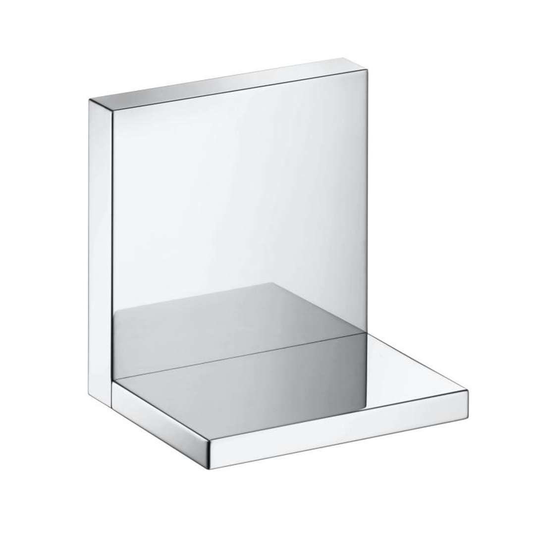 Chrome shower shelf with square 5" x 5" platform and vertical back panel.