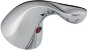 Chrome metal lever handle with curved design and red temperature indicator dot on the body.