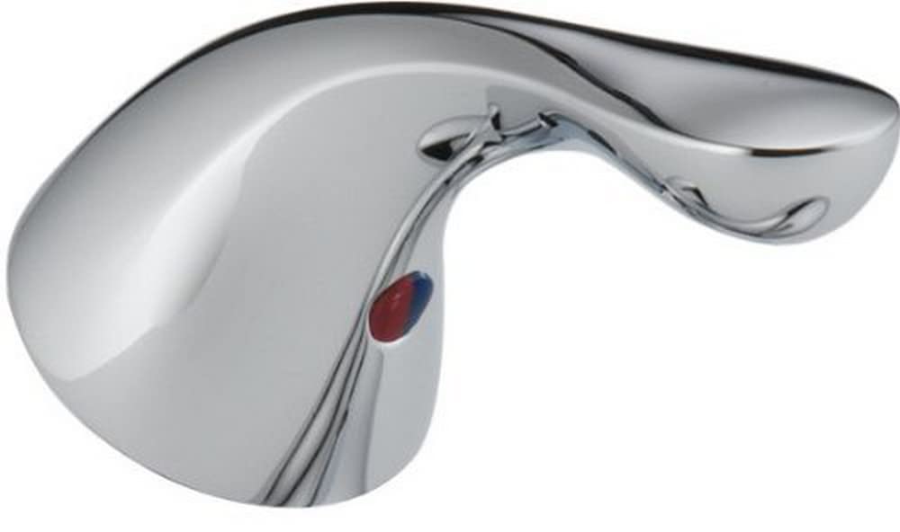 Chrome metal lever handle with curved design and red temperature indicator dot on the body.
