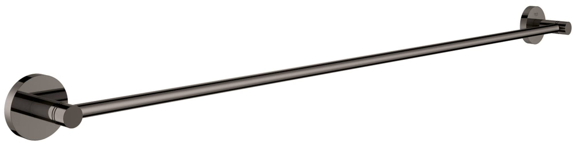 Dark graphite towel bar with cylindrical wall mounts on each end, approximately 32 inches long.