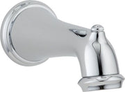 Chrome tub spout with curved tapered outlet and wall-mounted flange connection.