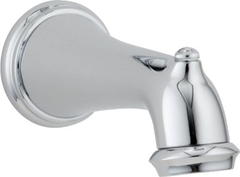 Chrome tub spout with curved tapered outlet and wall-mounted flange connection.