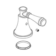 Chrome metal lever handle set with conical base, angled spout, and collar ring shown disassembled with cap.