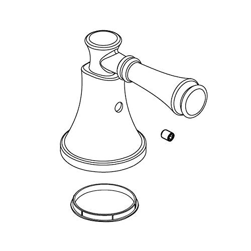 Chrome metal lever handle set with conical base, angled spout, and collar ring shown disassembled with cap.