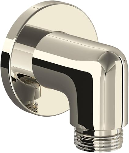 Polished nickel handshower outlet with curved wall mount and threaded connection port.