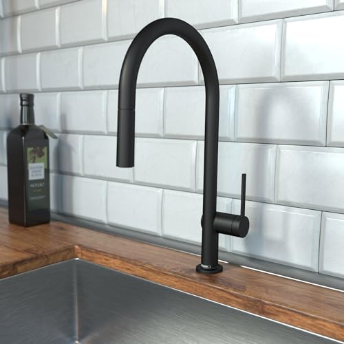 Matte black high-arc kitchen faucet with pull-down spray head and single lever handle mounted on countertop.