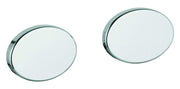 Two round chrome cover caps with flat white centers and metallic rims shown from angled front view.