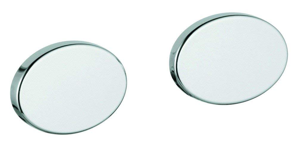 Two round chrome cover caps with flat white centers and metallic rims shown from angled front view.