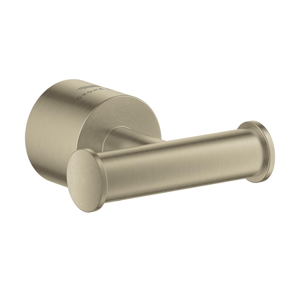 Brushed nickel towel hook with cylindrical hook arm extending from round wall-mounted base.