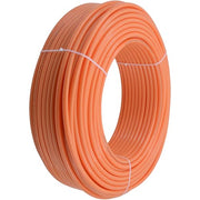 Orange PEX-C radiant heating pipe coil with white straps, 1/2 inch diameter.