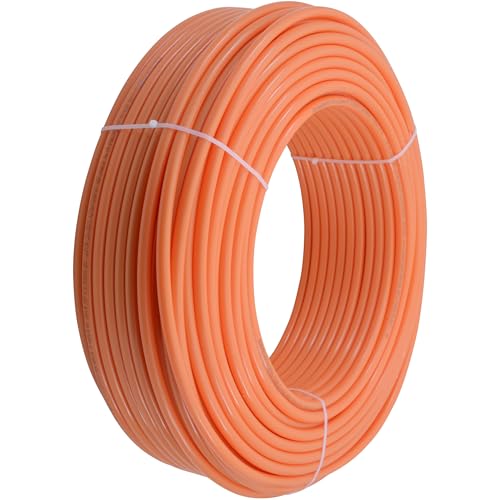 Orange PEX-C radiant heating pipe coil with white straps, 1/2 inch diameter.