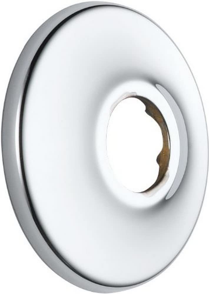 Chrome shower flange with round escutcheon plate and central opening for pipe installation.