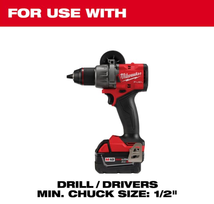 Milwaukee FUEL cordless drill with red and black housing and battery pack shown for compatibility reference.