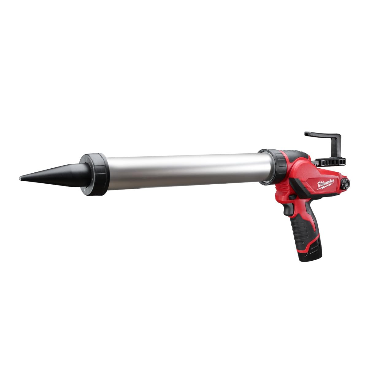 Red and black cordless caulk gun with cylindrical metal barrel and black trigger handle.