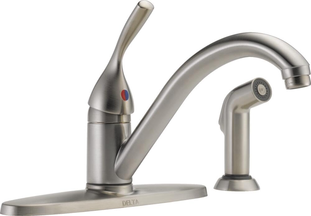 Stainless steel single handle kitchen faucet with curved spout, detachable spray head, and matching side sprayer on deck plat