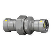 Viega MegaPressG 1" press union connector in gray carbon steel with zinc-nickel coating and yellow marking dots.
