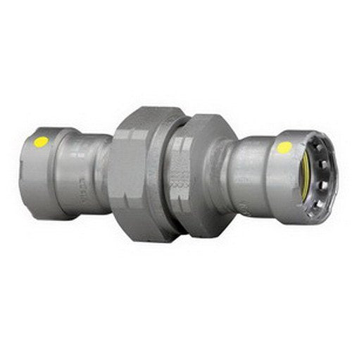 Viega MegaPressG 1" press union connector in gray carbon steel with zinc-nickel coating and yellow marking dots.