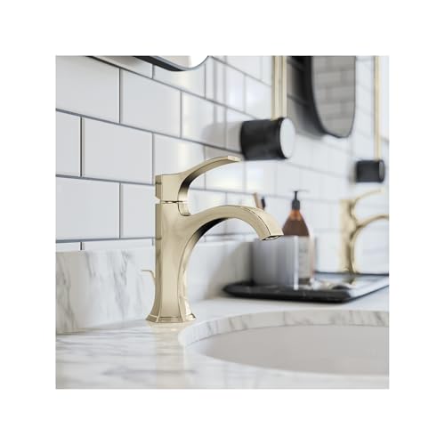 Polished nickel single-hole bathroom faucet with curved spout and black handle on marble countertop.