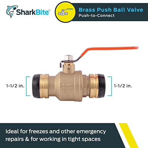 Brass push-to-connect ball valve with red lever handle and 1-1/2 inch connections on both ends.