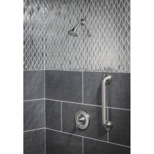 Oil-rubbed bronze stainless steel grab bar mounted vertically on black subway tile bathroom wall next to chrome shower fixtur